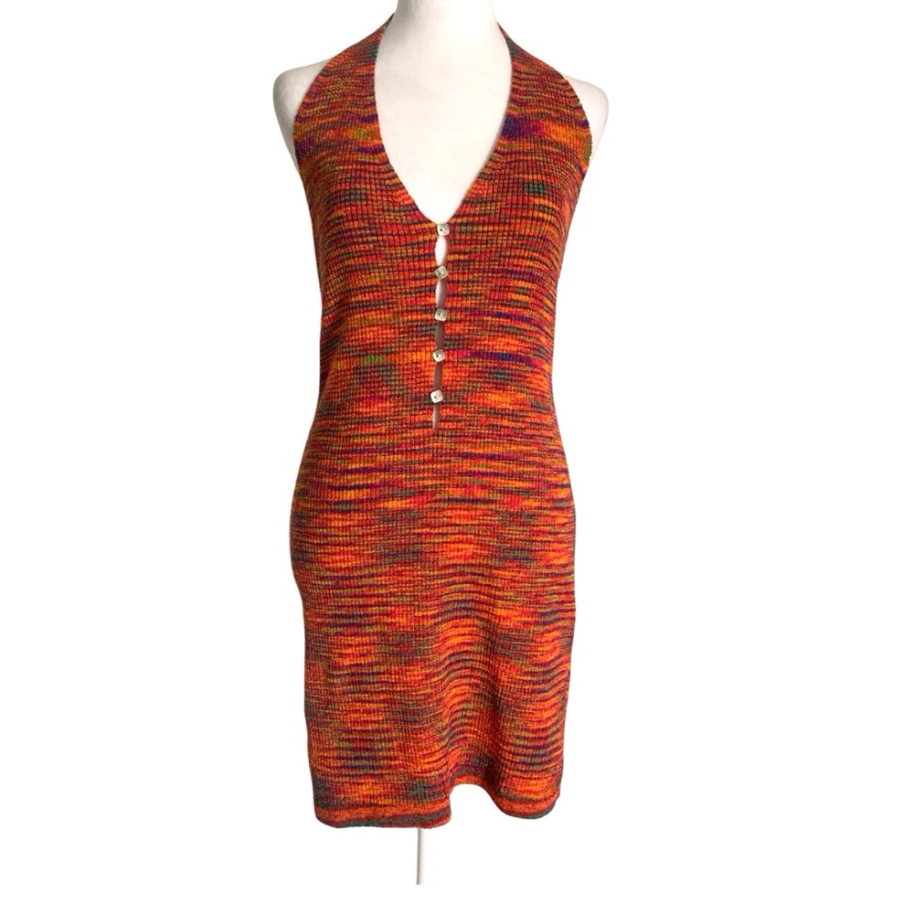 NIA Large Orange Multicolor Knit Button Front Halter Style Summer Mini Dress